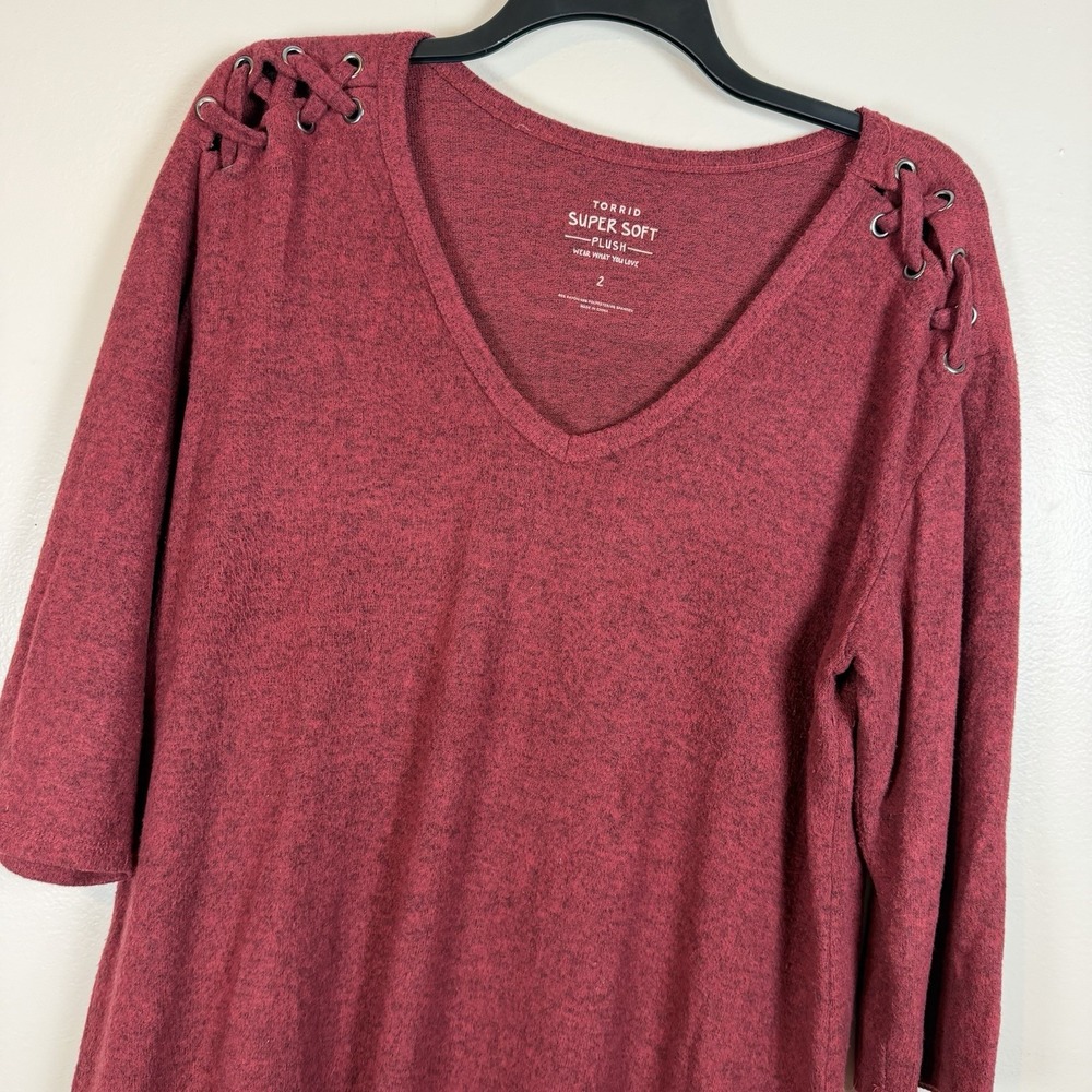 Womens Torrid Super Soft Red Plush V-Neck Lace-Up Sweater Size 2 2XL
